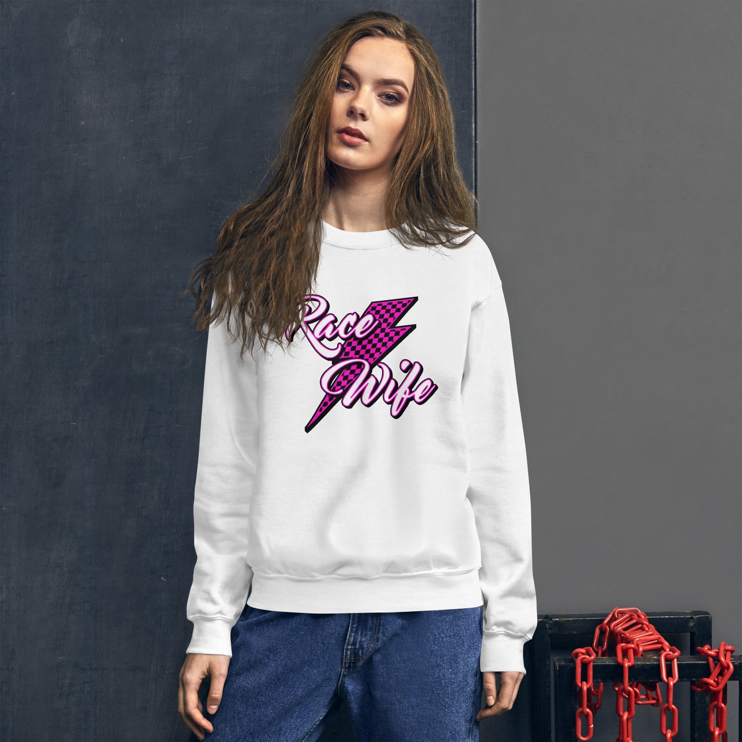 Race Wife Pink Adult Crew Neck Sweatshirt